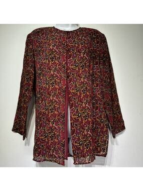 vintage silk boutique red gold floral side slit button up blouse Size S